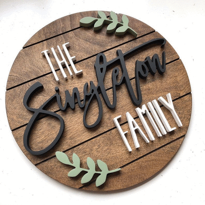 The Singleton Family wooden name sign round 3D rustic wall decor layered lettering