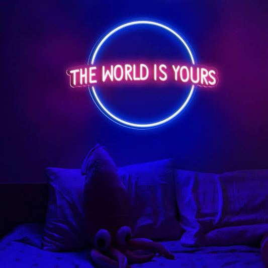 The world is yours neon sign board blue pink neon light wall decor