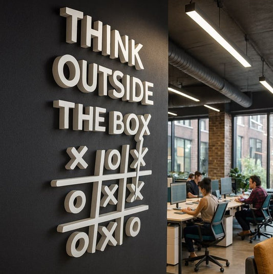 Think Outside The Box 3D wall sign with tic tac toe design for creative office decor