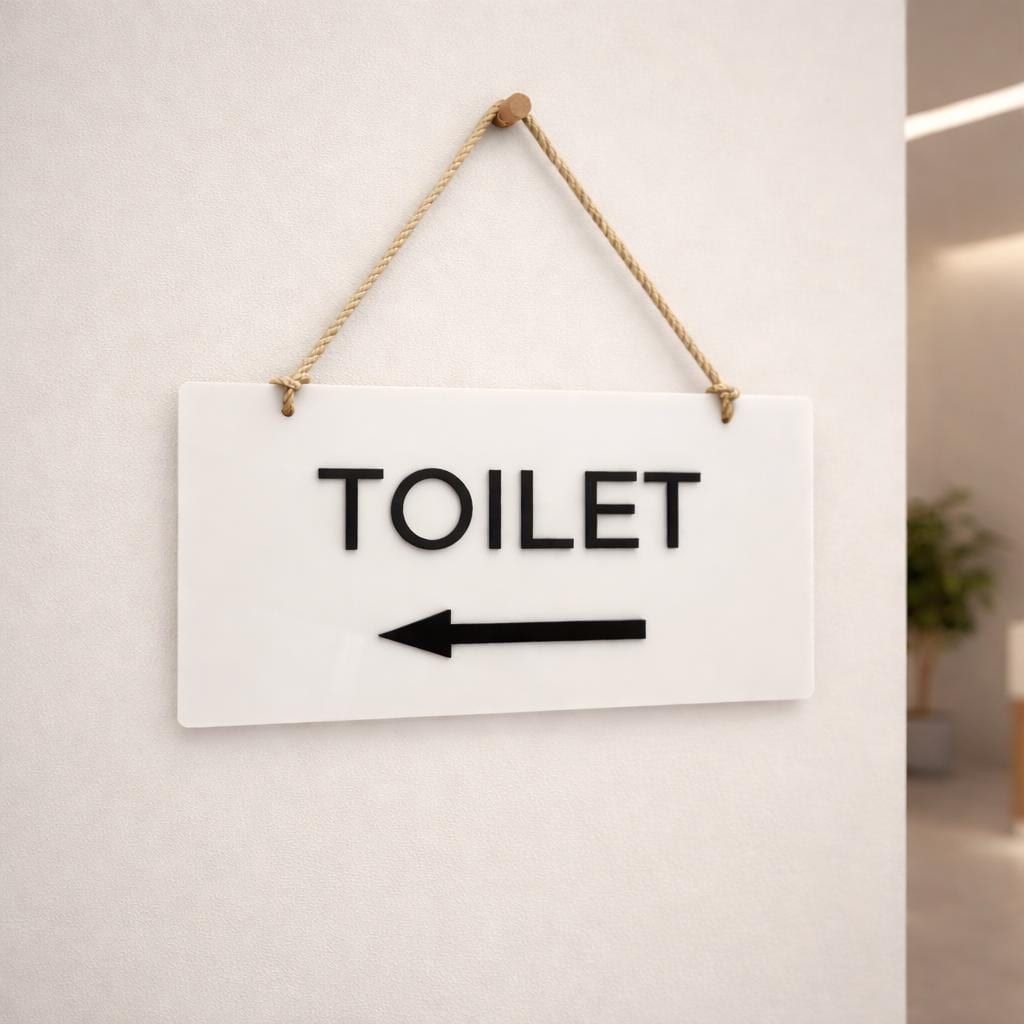 Toilet directional hanging sign with left arrow for washroom navigation
