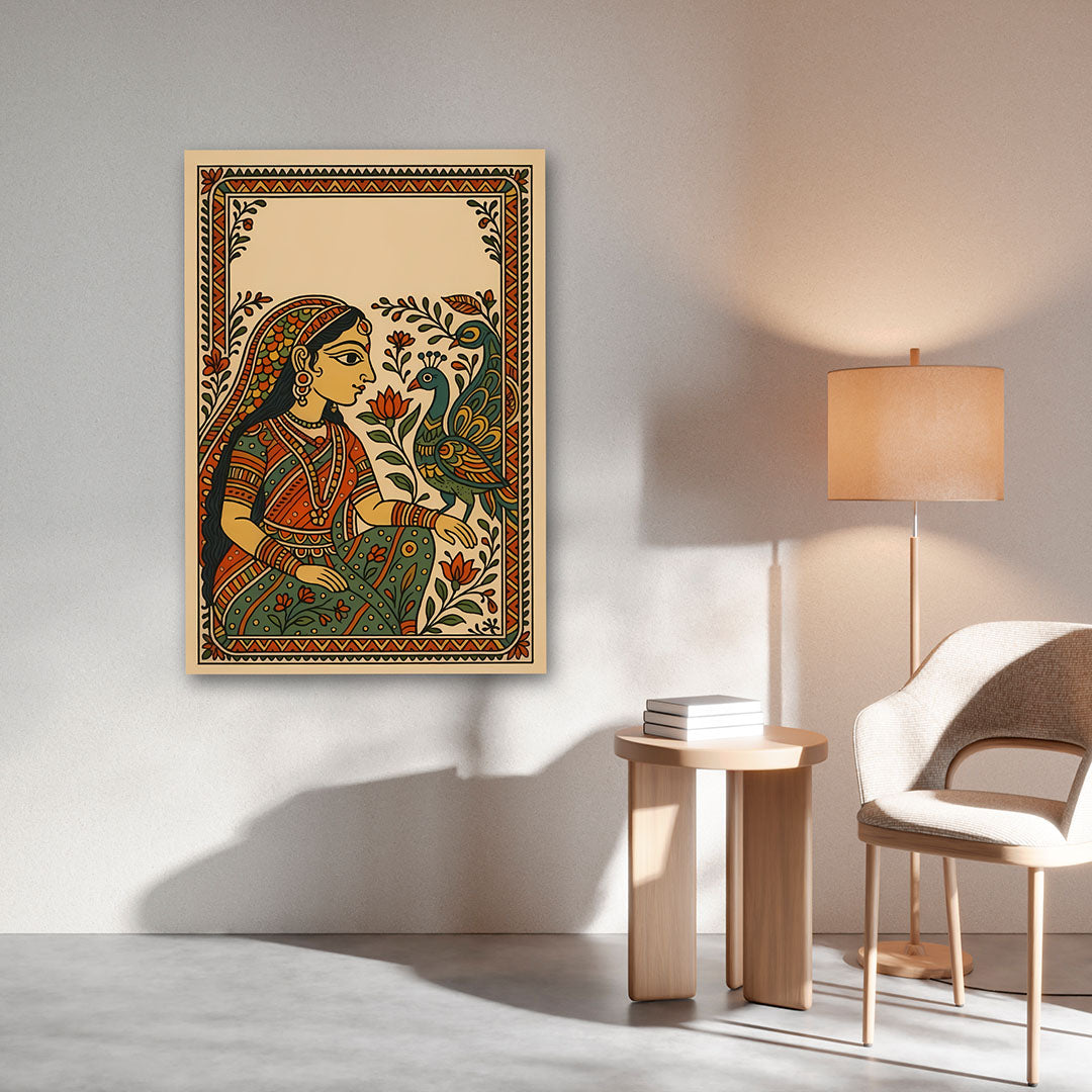 traditional indian folk art canvas painting woman with bird ethnic wall decor