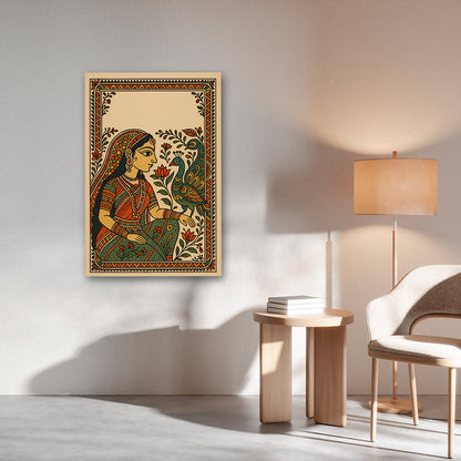 Traditional Indian folk art painting of woman with peacock canvas wall decor
