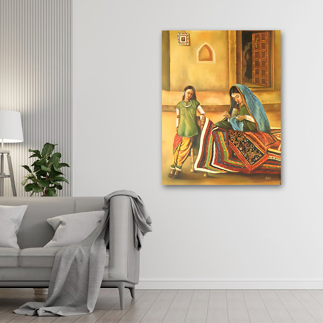 traditional Indian village life wall painting woman sewing handmade craft canvas art