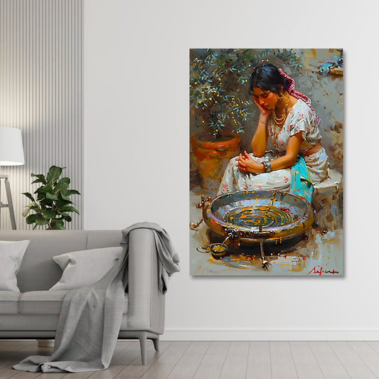 Traditional Indian village woman canvas painting frame pottery scene painting on canvas wall decor for living room.