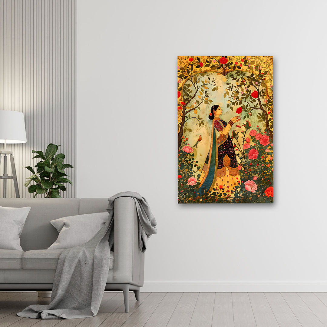 traditional indian woman garden canvas painting floral wall decor ethnic art
