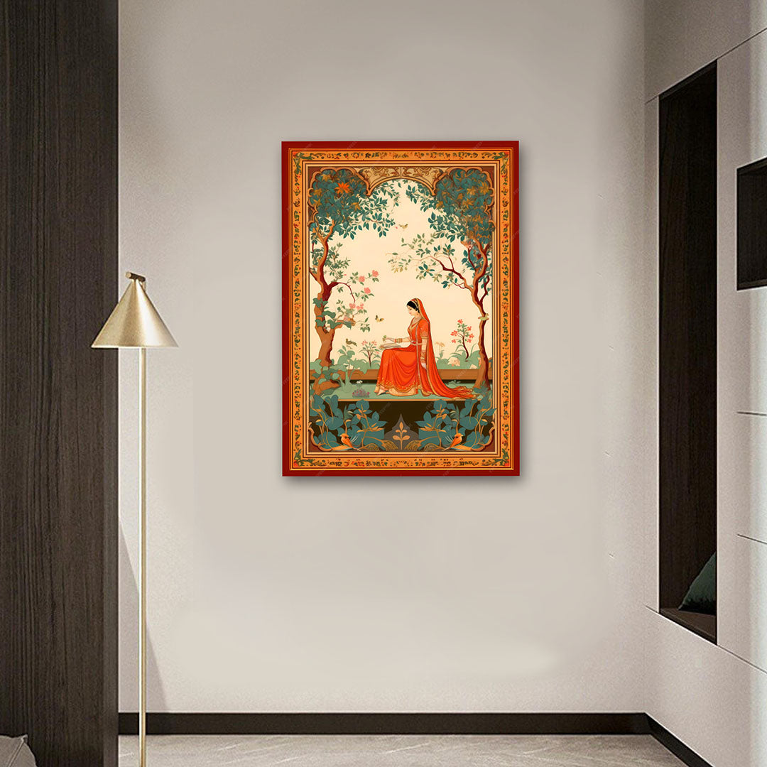 traditional indian woman garden scene canvas painting vintage ethnic wall decor