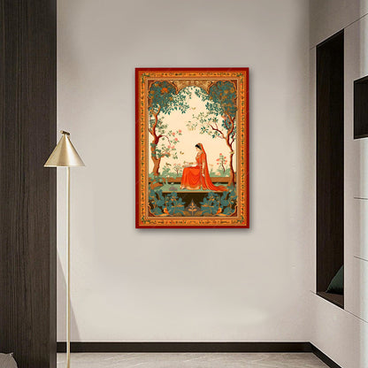 traditional indian woman garden scene canvas painting vintage ethnic wall decor