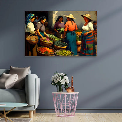 Traditional market scene wall painting cultural canvas art for living room decor