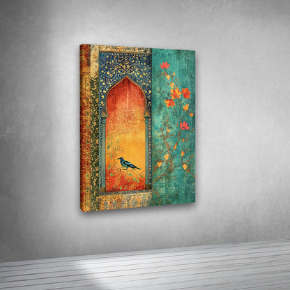 traditional arch window bird floral painting canvas mughal style wall art home decor