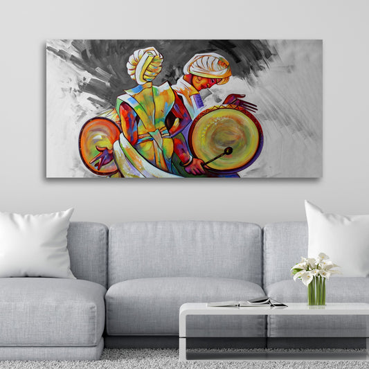 modern cultural wall art featuring traditional drum players