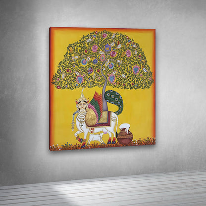 traditional nathdwara cow tree painting canvas wall art yellow background large size frame home decor