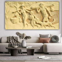 ethnic rural family wall painting with textured sculpture style artwork