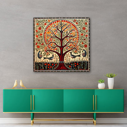 Tree of life Madhubani canvas wall art with birds and floral design
