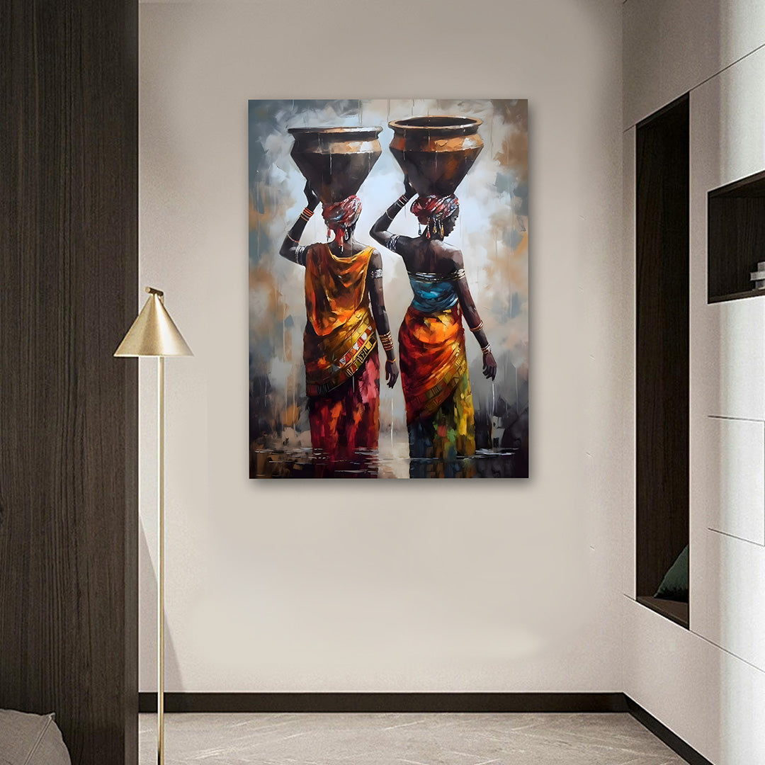 Tribal women carrying pots wall painting ethnic canvas art for home decor