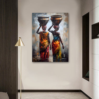 Tribal women carrying pots wall painting ethnic canvas art for home decor