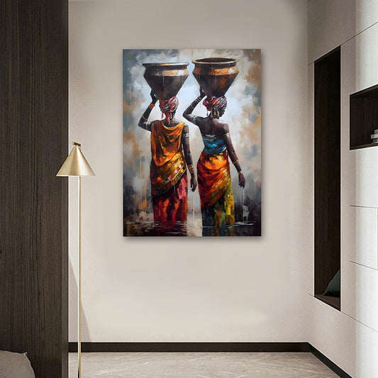 Tribal women carrying pots wall painting ethnic canvas art for home decor
