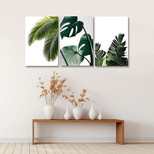 Tropical leaves wall art set of 3 botanical canvas painting for modern home decor
