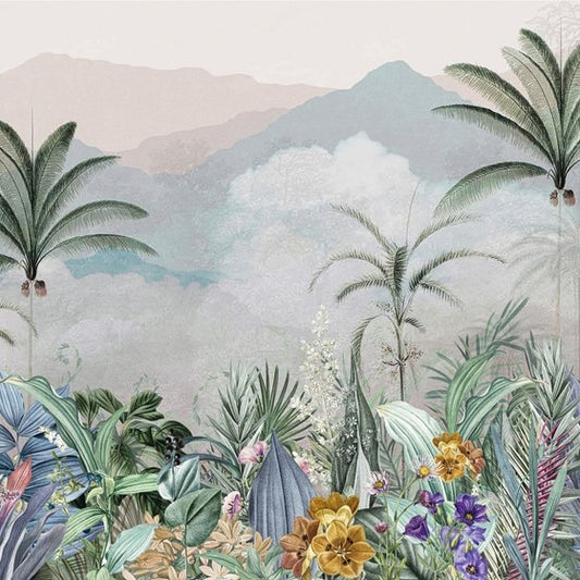 tropical botanical wallpaper with palm trees and floral nature mural