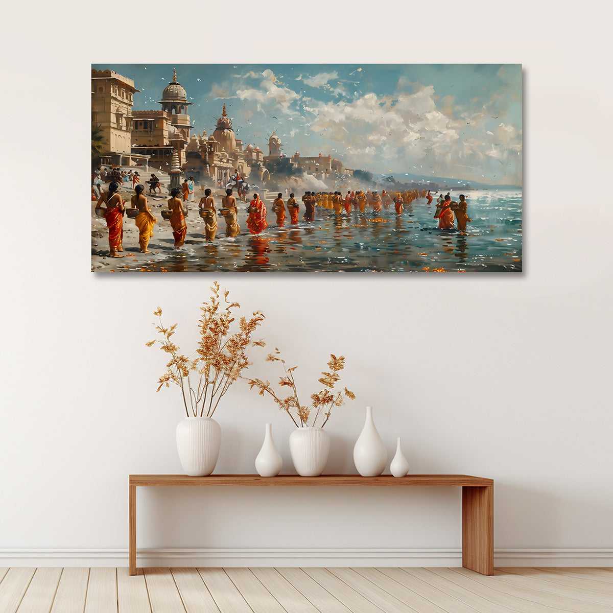 varanasi ganga aarti canvas painting frame spiritual ghat ritual painting on canvas wall decor for living room