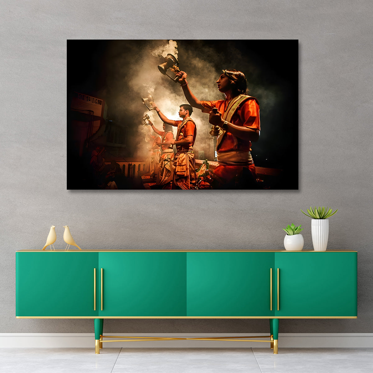 varanasi ganga aarti canvas painting frame spiritual temple ritual painting on canvas wall decor