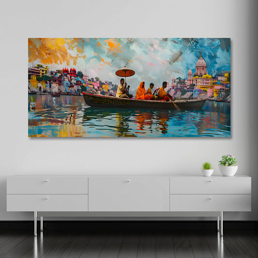 varanasi ganga ghat canvas painting frame spiritual banaras boat scene painting on canvas wall decor for living room