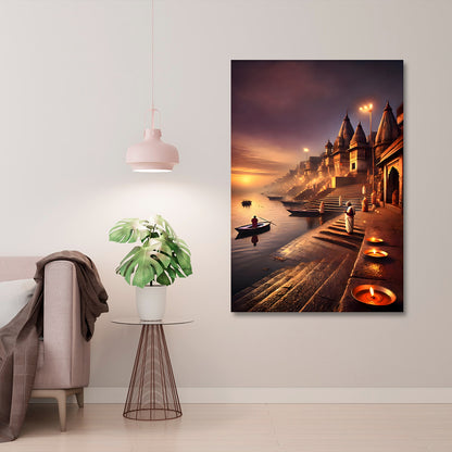 Varanasi ghat canvas painting frame Ganga river evening aarti painting on canvas wall decor for living room.