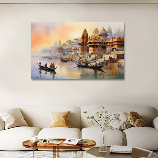 Varanasi ghat river scene canvas painting frame spiritual wall decor for living room