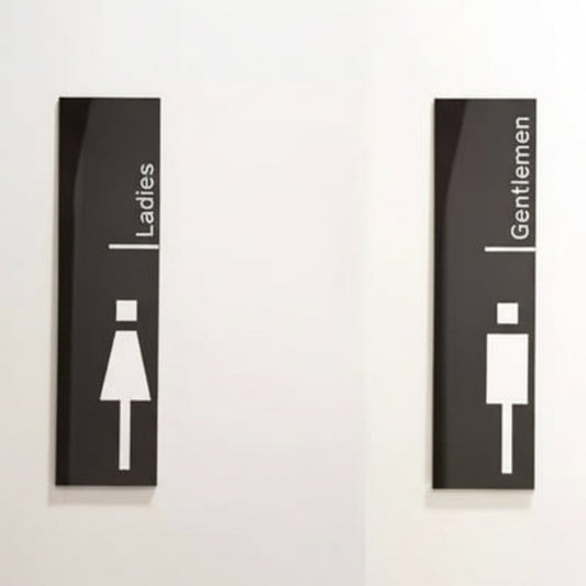 Vertical ladies gentlemen restroom sign with slim modern bathroom door plaque design.