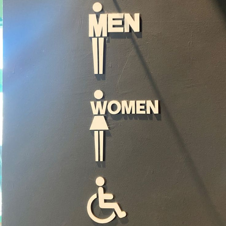 Vertical restroom signage with men women and wheelchair accessibility icons
