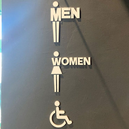 Vertical restroom signage with men women and wheelchair accessibility icons
