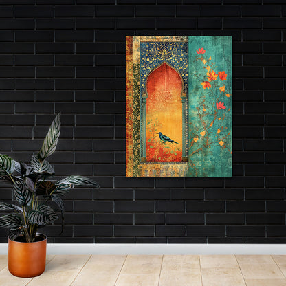 vintage mughal arch bird canvas wall painting floral heritage artwork ethnic wall decor