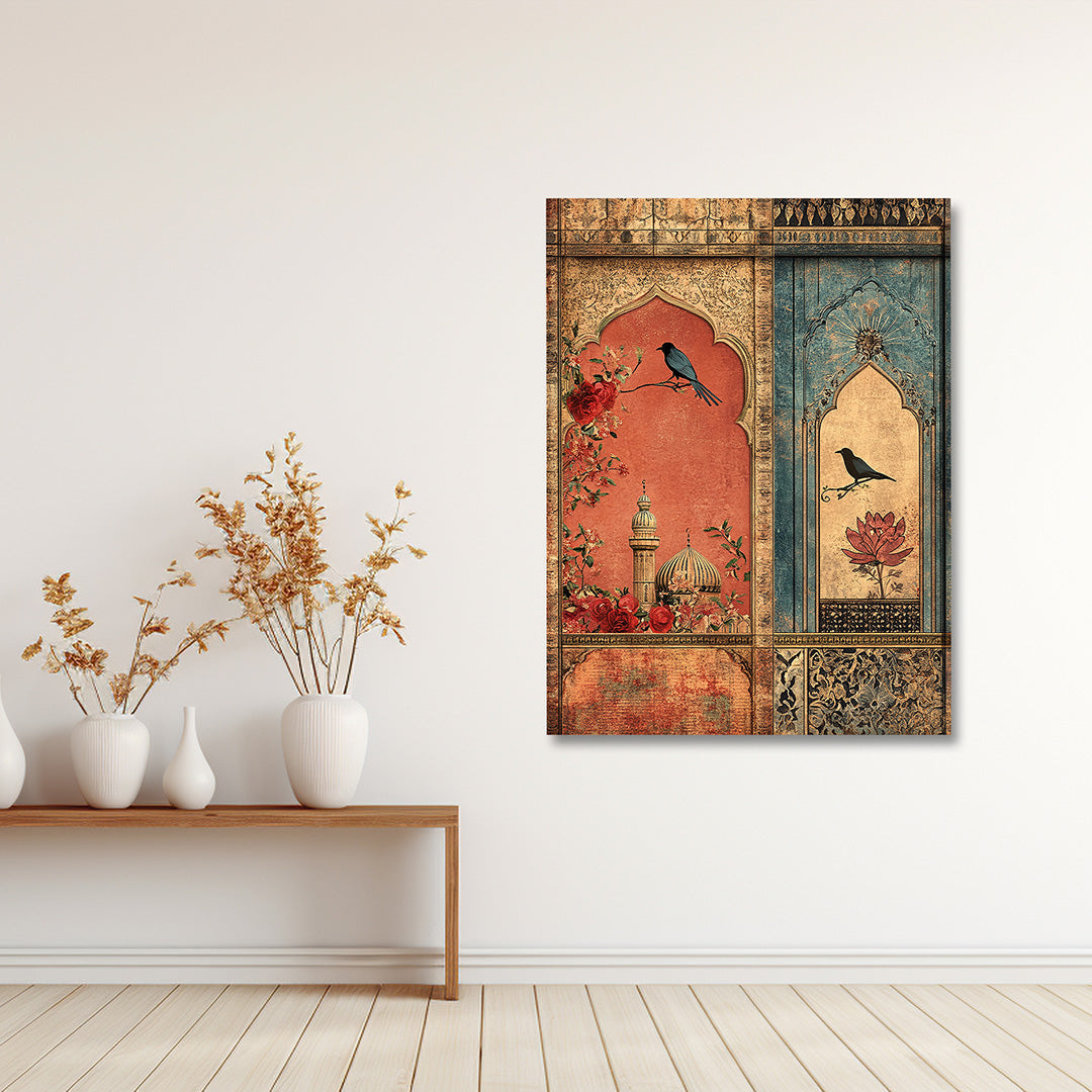 vintage mughal window bird canvas wall painting floral palace artwork ethnic wall decor