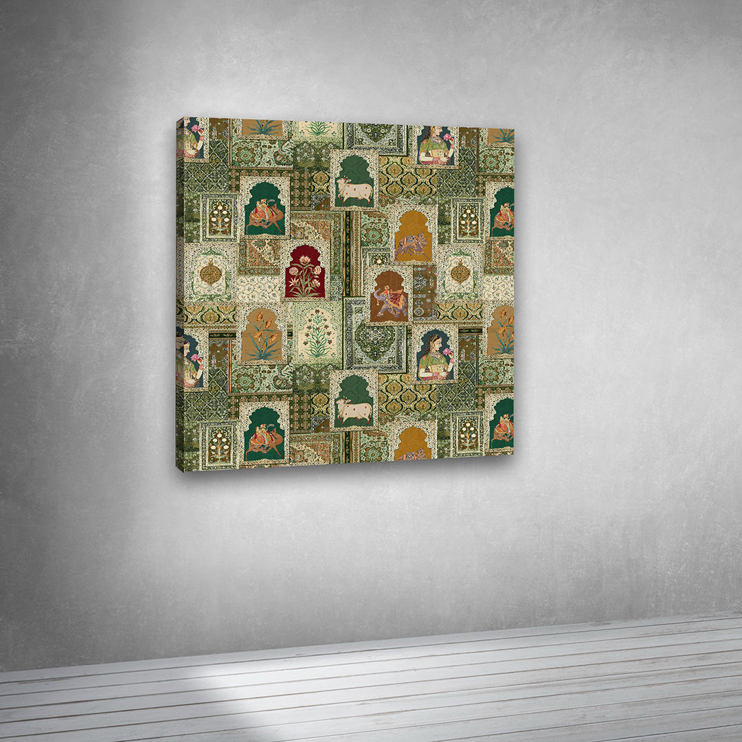 vintage indian miniature art pattern wall decor with royal scenes and arches