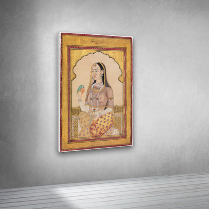 vintage indian royal lady portrait canvas art with bird mughal style decor