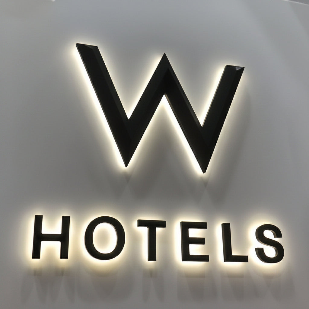 W Hotels backlit LED letter sign halo lit 3D wall logo luxury hotel branding