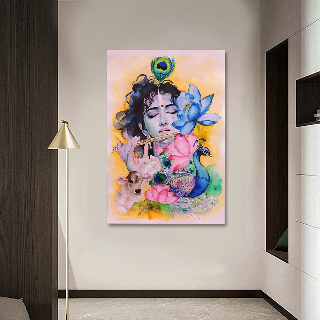 watercolor lord krishna canvas painting frame peacock lotus cow wall decor living room