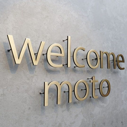 Welcome Moto gold acrylic 3D letter sign wall logo signage office reception interior