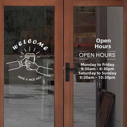 Welcome and open hours vinyl glass sticker for cafe door shop entrance branding signage