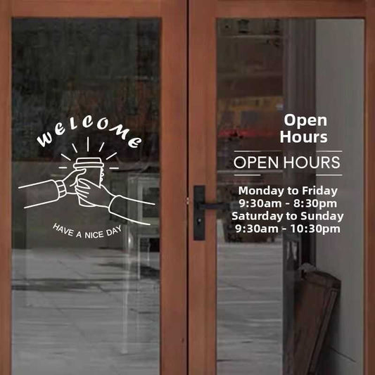 Welcome and open hours vinyl glass sticker for cafe door shop entrance branding signage