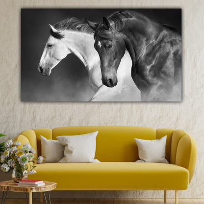 Black and White Running Horses Vastu Painting Canvas Wall Frame