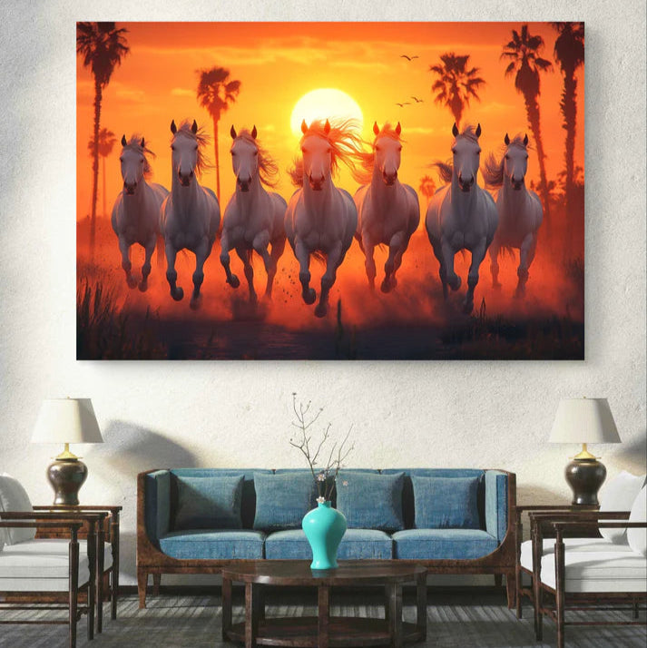 white horses running at sunset canvas wall decor with palm trees