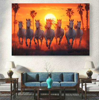 white horses running at sunset canvas wall decor with palm trees