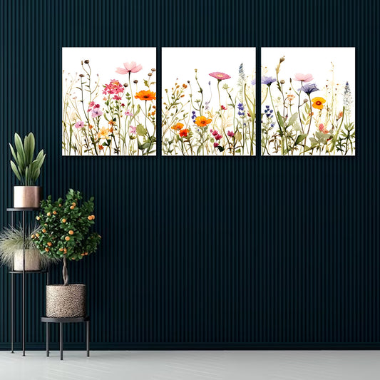 Wildflower meadow wall art set of 3 colorful floral canvas painting for home decor
