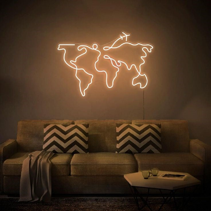 World Map Neon Sign Board with Airplane LED Wall Decor