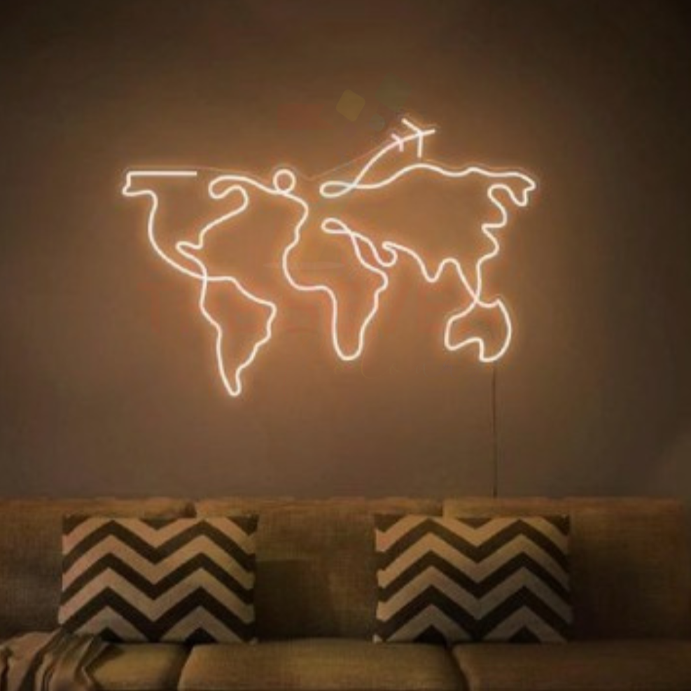 World map neon sign board travel themed warm white neon light wall decor