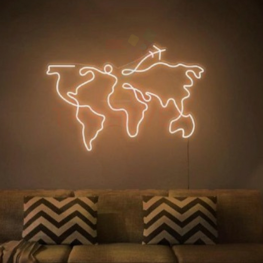World map neon sign board travel themed warm white neon light wall decor