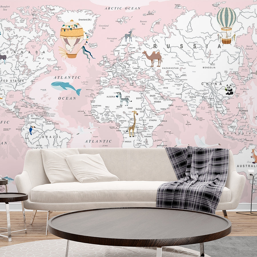 world map pink Self adhesive peel and stick