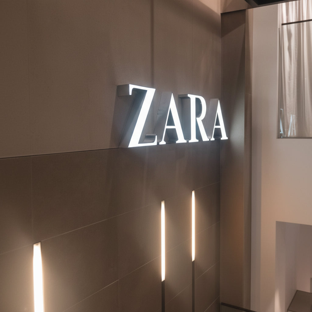 ZARA style backlit LED letter sign halo lit 3D wall logo signage retail showroom interior